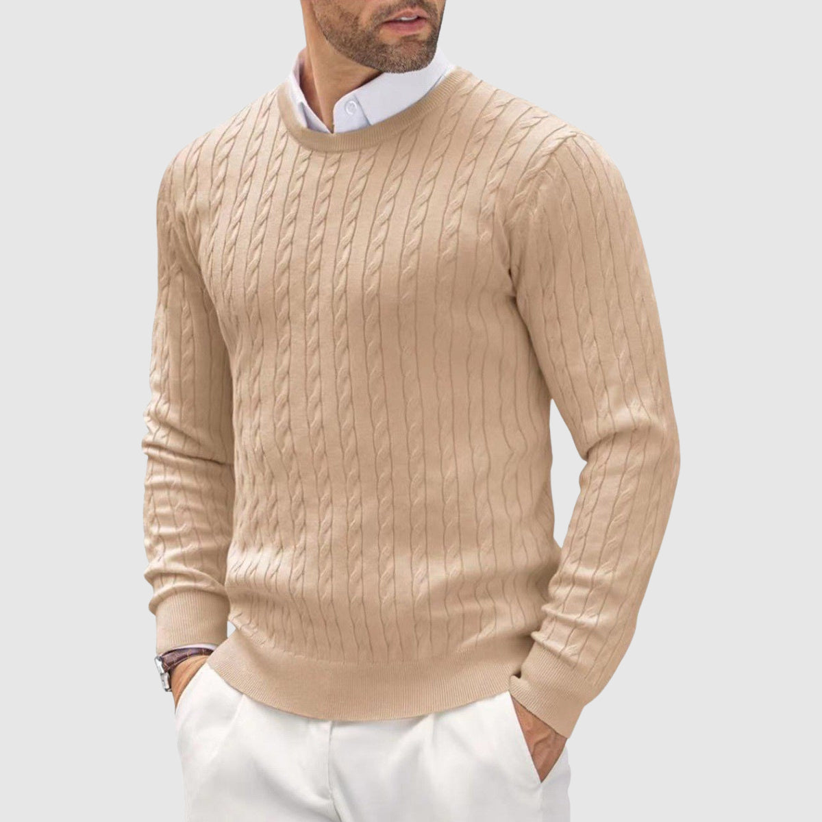 Leo Slim Fit Crewneck Sweater | Cable Knit Ribbed Cuffs Sweater