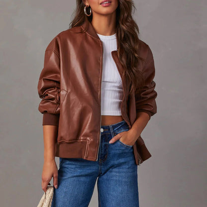 Women's Bomber Jacket – Oversized Fit – Shiny Finish – Zipper – Ribbed Edges
