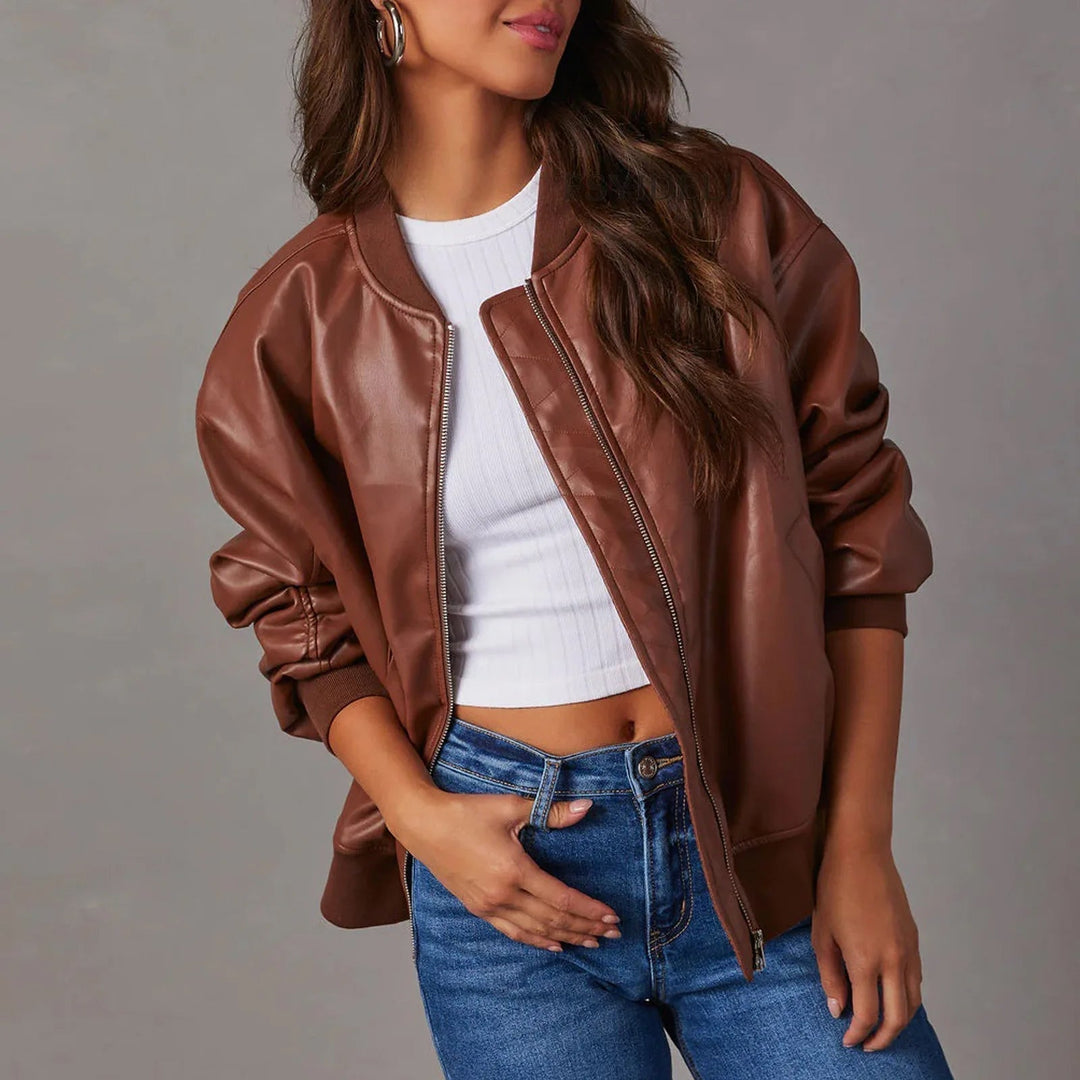 Women's Bomber Jacket – Oversized Fit – Shiny Finish – Zipper – Ribbed Edges