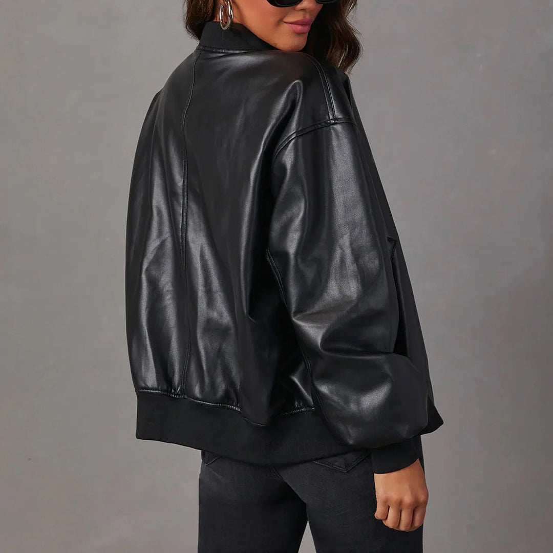 Women's Bomber Jacket – Oversized Fit – Shiny Finish – Zipper – Ribbed Edges