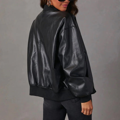 Women's Bomber Jacket – Oversized Fit – Shiny Finish – Zipper – Ribbed Edges