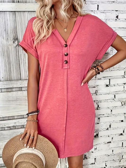 Women's Dress - V-neck with Buttons - Short Rolled-up Sleeves - Loose Fit - Light and Breathable