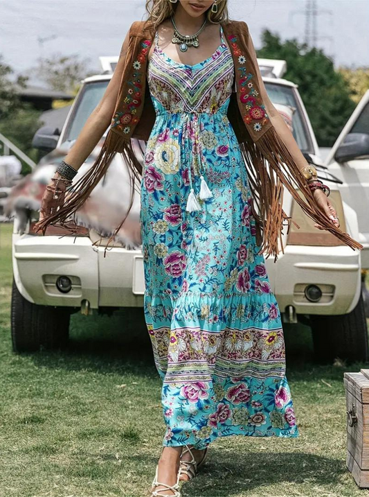 Women's Maxi Dress - Bohemian Style - V-neck with Lace Details - Loose Fit - Floral Print