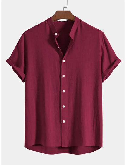 Men's Shirt - Short Sleeve - Mandarin Collar - Lightweight Breathable Fabric - Casual Fit