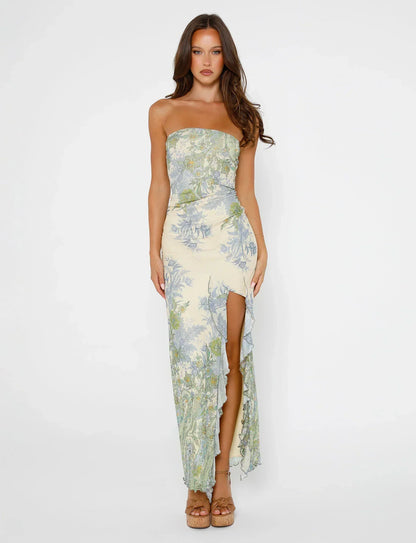 Dress for Women – Maxi Dress – Strapless Fit – Floral Print – High Slit – Elegant Cut