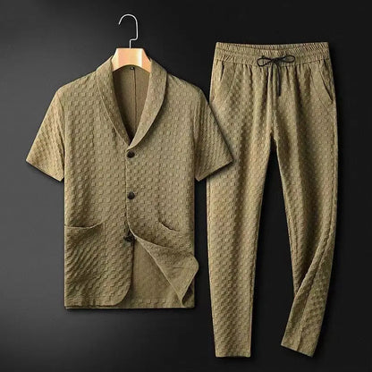 Men's Suit with Short Sleeves – Relaxed Fit – Textured Fabric – Elastic Waist