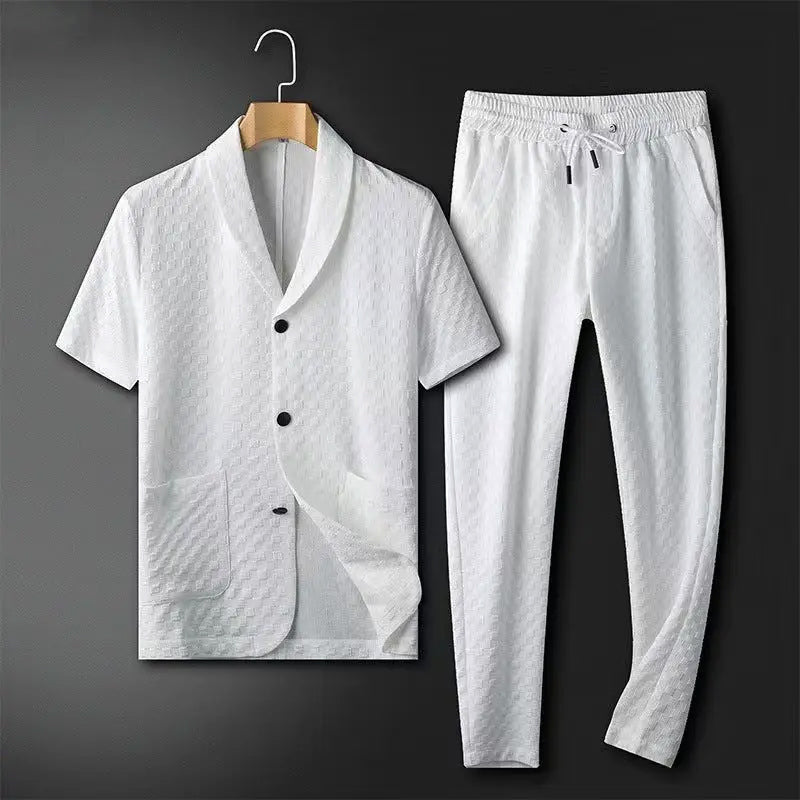 Men's Suit with Short Sleeves – Relaxed Fit – Textured Fabric – Elastic Waist