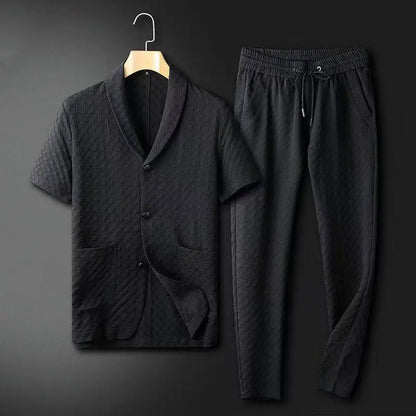 Men's Suit with Short Sleeves – Relaxed Fit – Textured Fabric – Elastic Waist