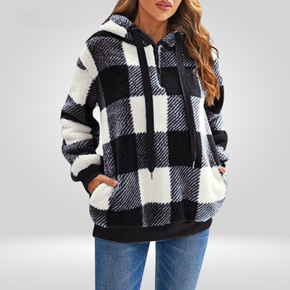 Women's Hoodie – Soft Knit – Relaxed Fit – Half Zipper – Checkered Pattern
