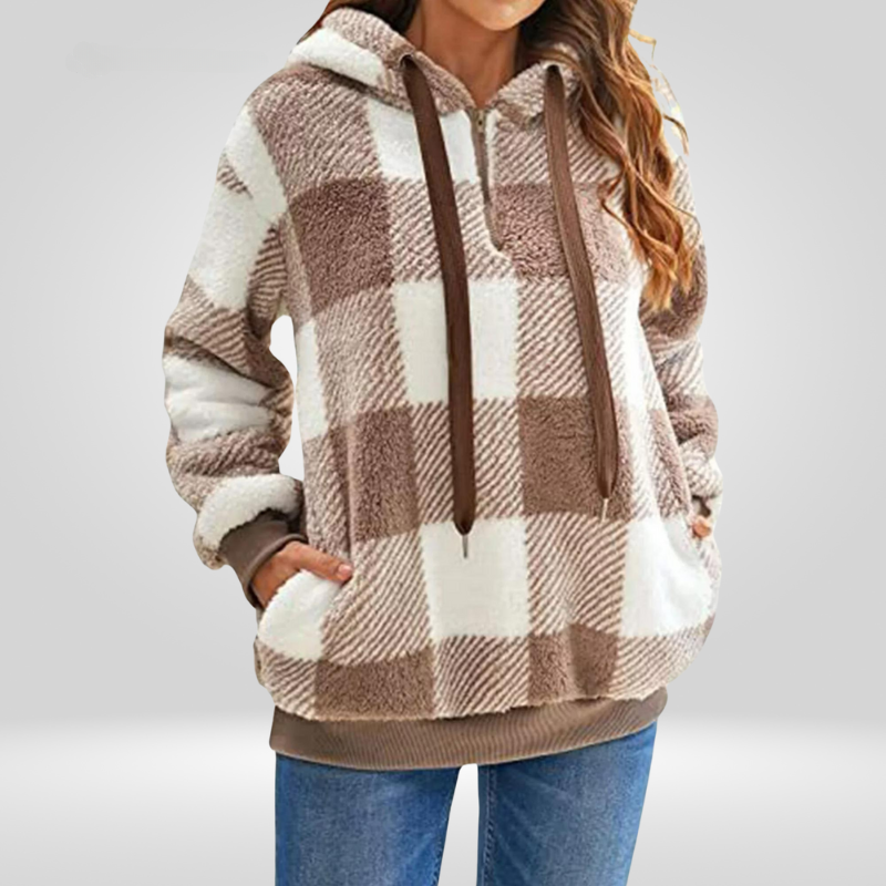 Women's Hoodie – Soft Knit – Relaxed Fit – Half Zipper – Checkered Pattern