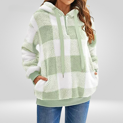 Women's Hoodie – Soft Knit – Relaxed Fit – Half Zipper – Checkered Pattern