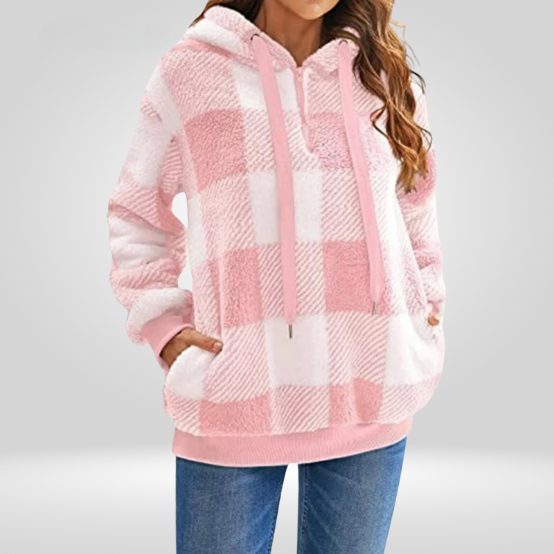 Women's Hoodie – Soft Knit – Relaxed Fit – Half Zipper – Checkered Pattern