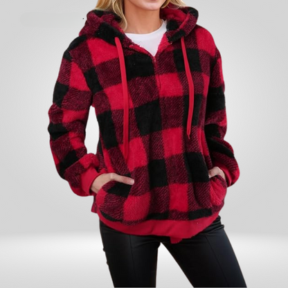 Women's Hoodie – Soft Knit – Relaxed Fit – Half Zipper – Checkered Pattern