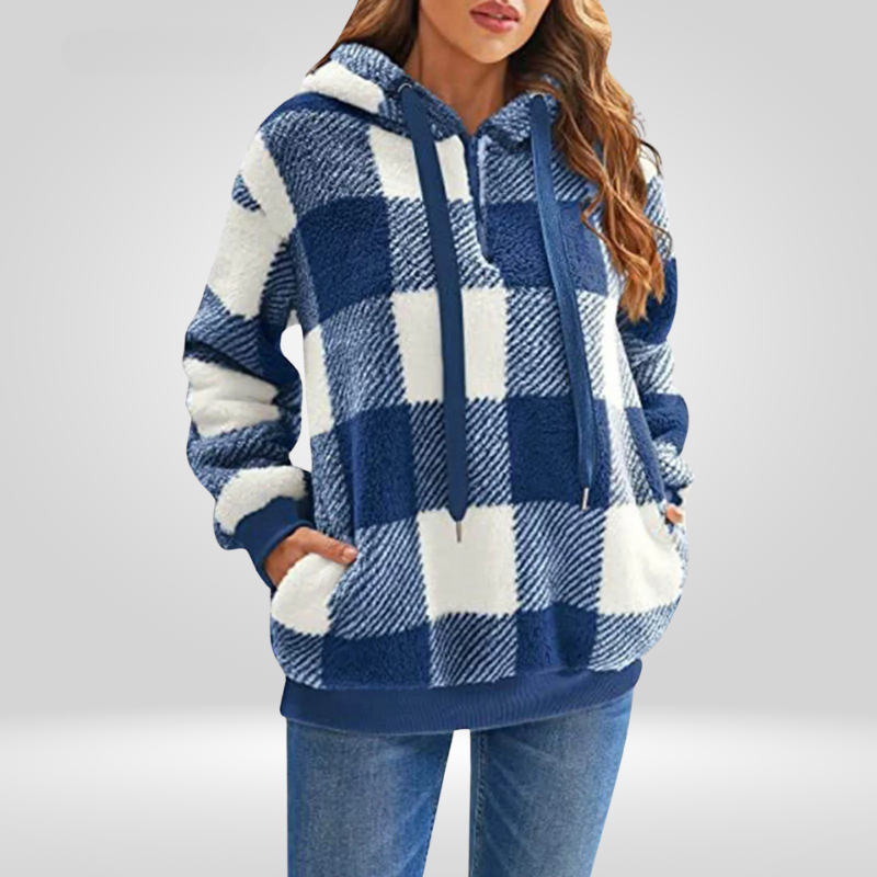 Women's Hoodie – Soft Knit – Relaxed Fit – Half Zipper – Checkered Pattern