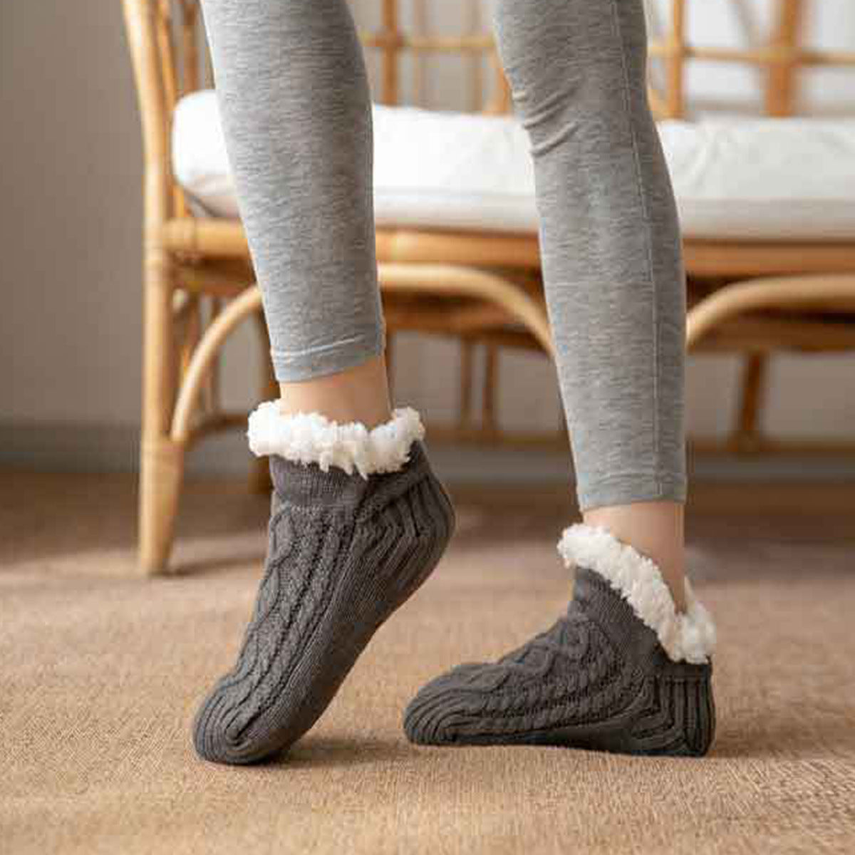 Isla Fleece-Lined Ankle Fit Slipper Socks | Cable Knit Fuzzy Cuff Slipper Socks
