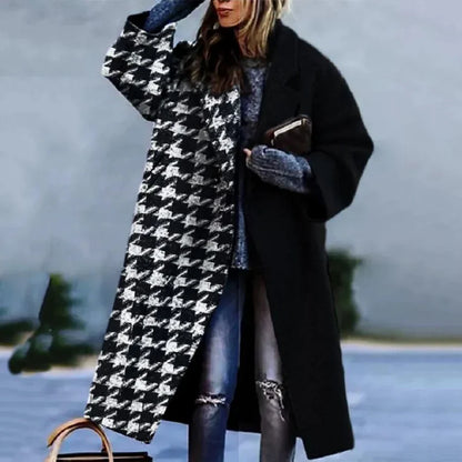 Women's Long Coat – Wool Blend – Relaxed Fit – Graphic Patterned Design