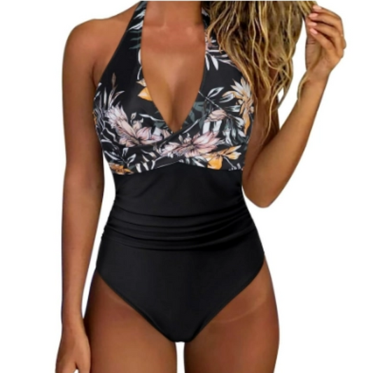 Women's Swimsuit – Halterneck – Deep Cut – Ruched Waist – Slimming Fit