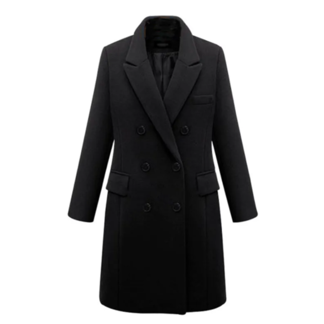 Women's Long Coat – Tailored Fit – Wool Blend – Double Breasted – Classic Lapel