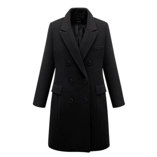 Women's Long Coat – Tailored Fit – Wool Blend – Double Breasted – Classic Lapel