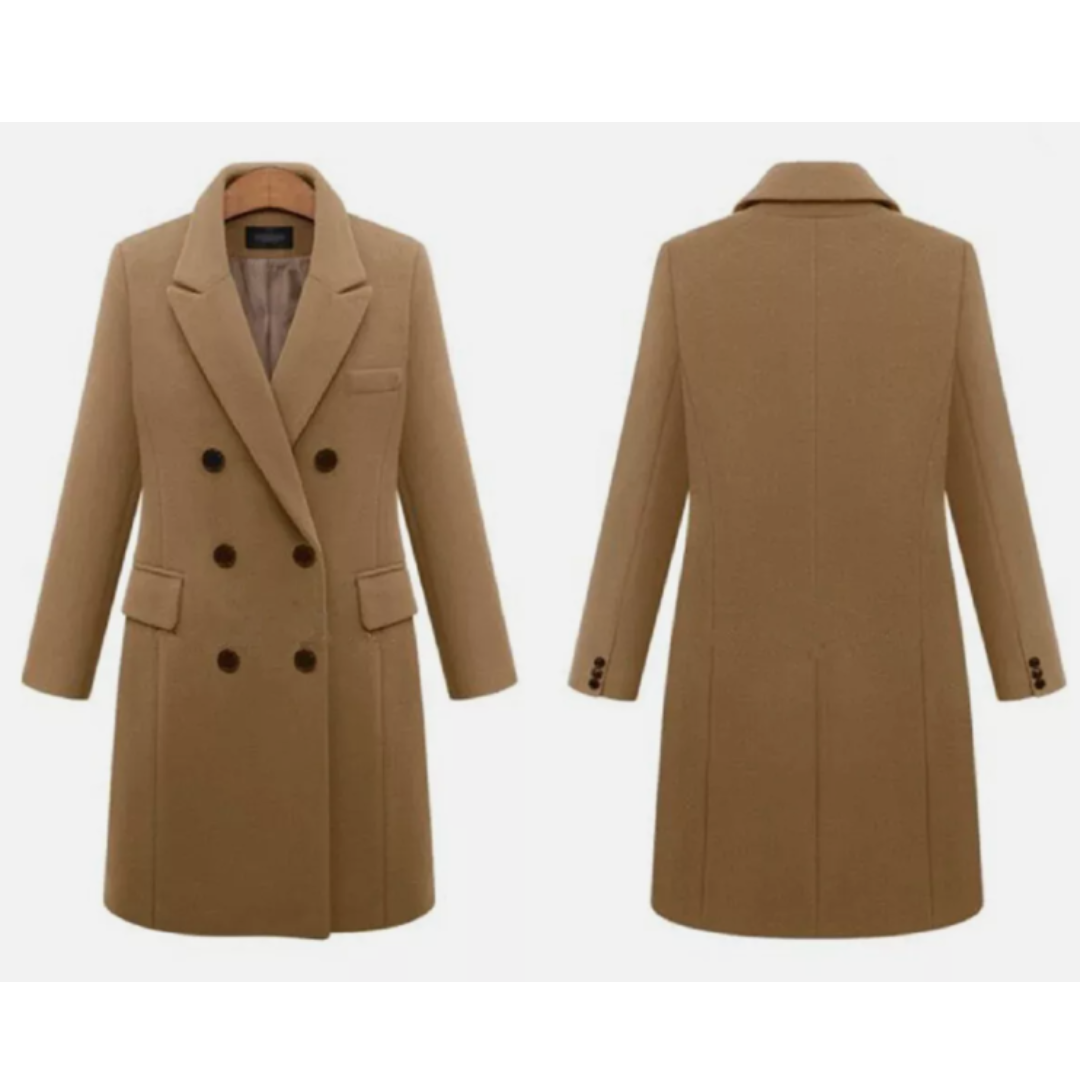 Women's Long Coat – Tailored Fit – Wool Blend – Double Breasted – Classic Lapel