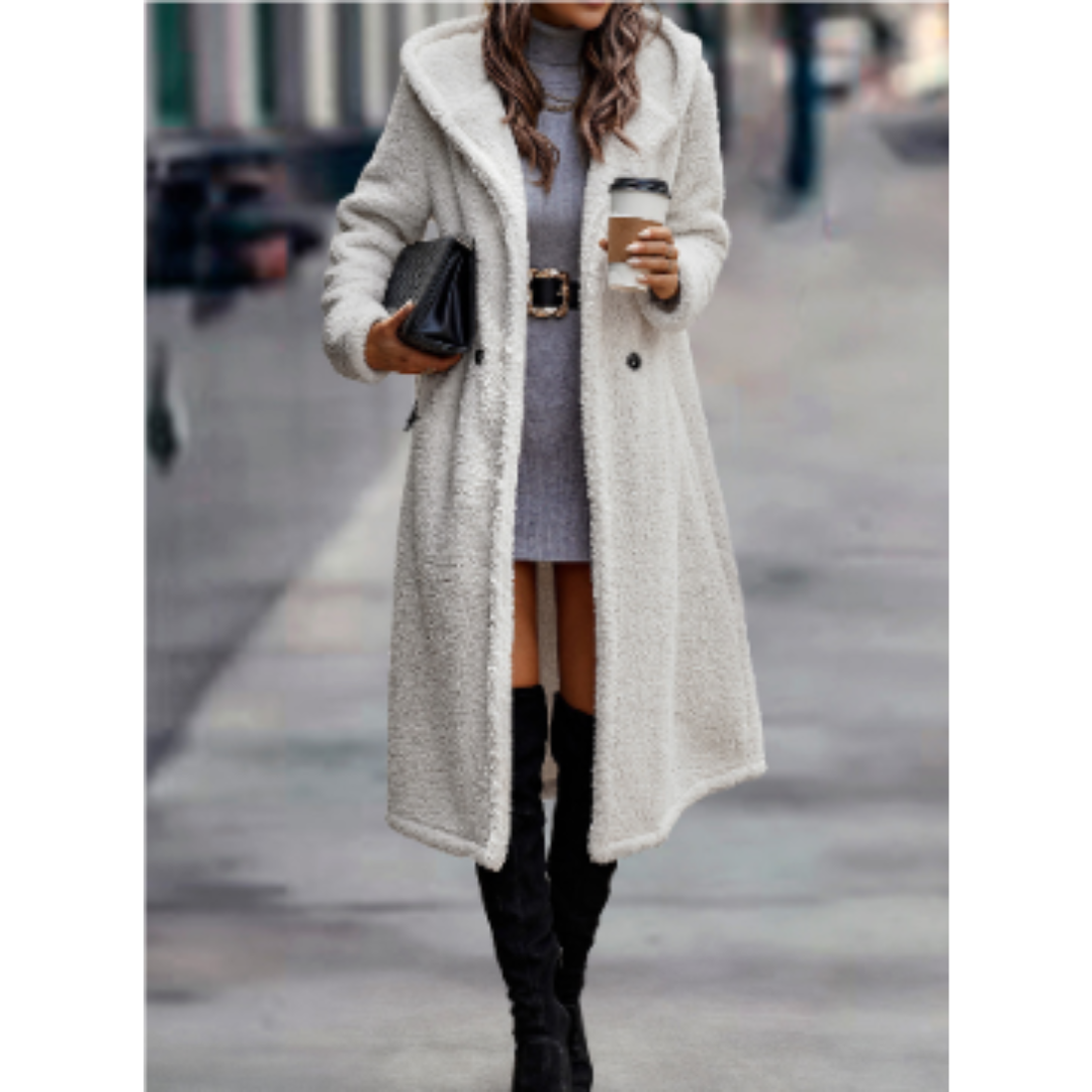 Women's Coat – Relaxed Fit – Soft Faux Wool – Long – Classic Lapel – Double Button