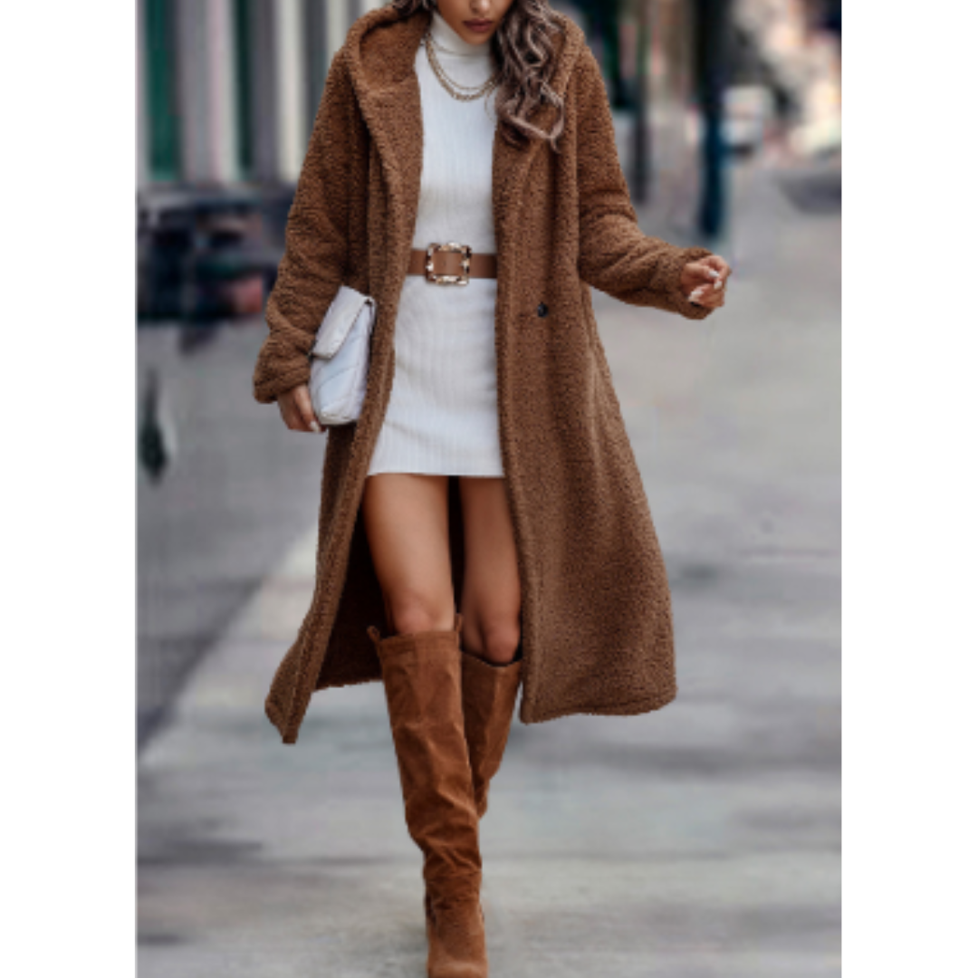 Women's Coat – Relaxed Fit – Soft Faux Wool – Long – Classic Lapel – Double Button