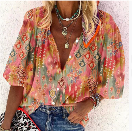 Women's Blouse – Relaxed Fit – Lightweight and Breathable – Button Closure – V-Neck – Short Sleeve