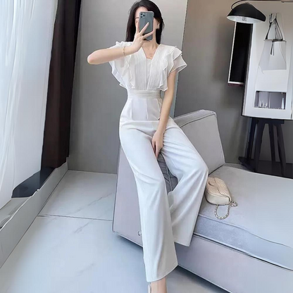 Women's Jumpsuit - V-Neck Pleated Top - Ruched Sleeves - Wide Leg Pants