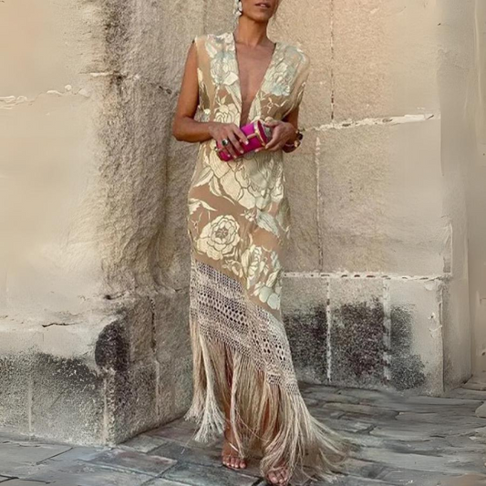 Women's Dress - Sleeveless V-neck - Floral Pattern - Lace Trim with Fringes