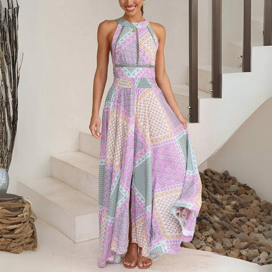 Women's Maxi Dress – Sleeveless – High Neck – Bohemian Patchwork – Long and Light Fit