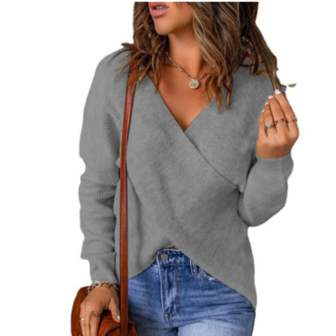 Women's Sweater – Relaxed Fit – Cross-Front Knit – Long Sleeves Casual