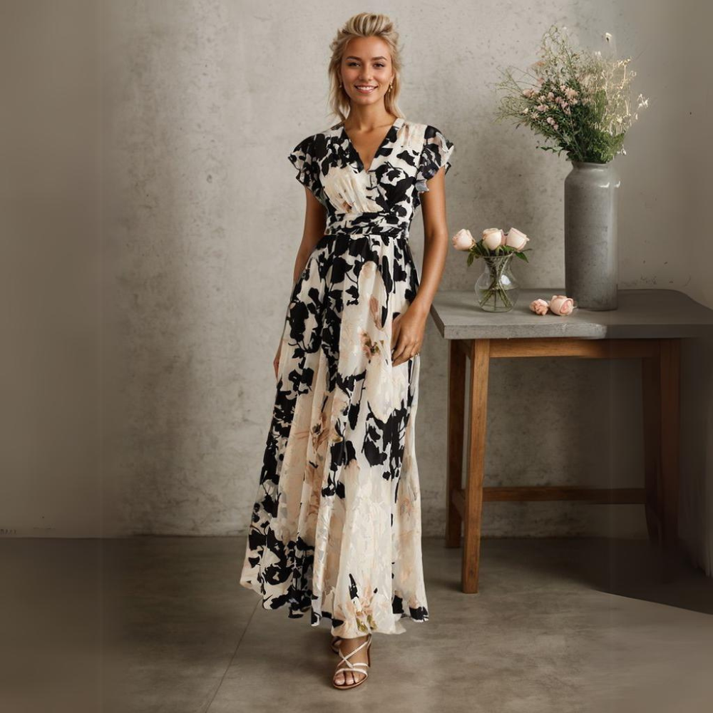 Women's Maxi Dress – Elegant Cut – Woven in Light Material – Short Sleeve – Party Ready