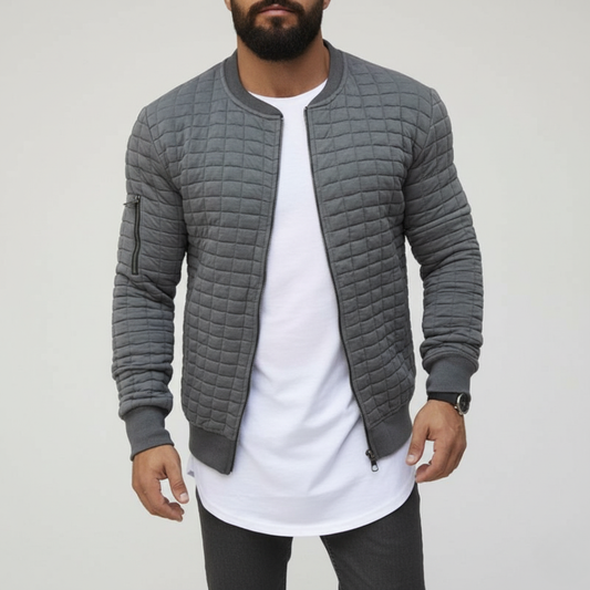 Men's Bomber Jacket - Quilted Design - Slim Fit - Ribbed Edges and Zipper Closure