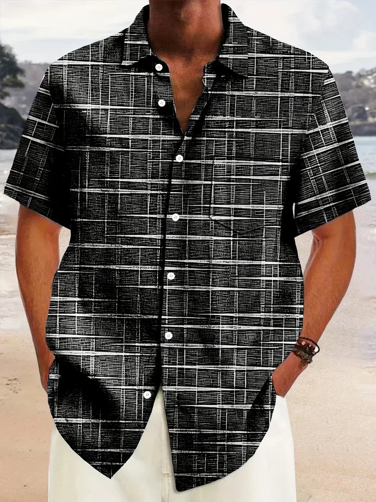 Men's Shirt with Short Sleeves – Regular Fit – Breathable Lightweight Fabric – Checkered Design