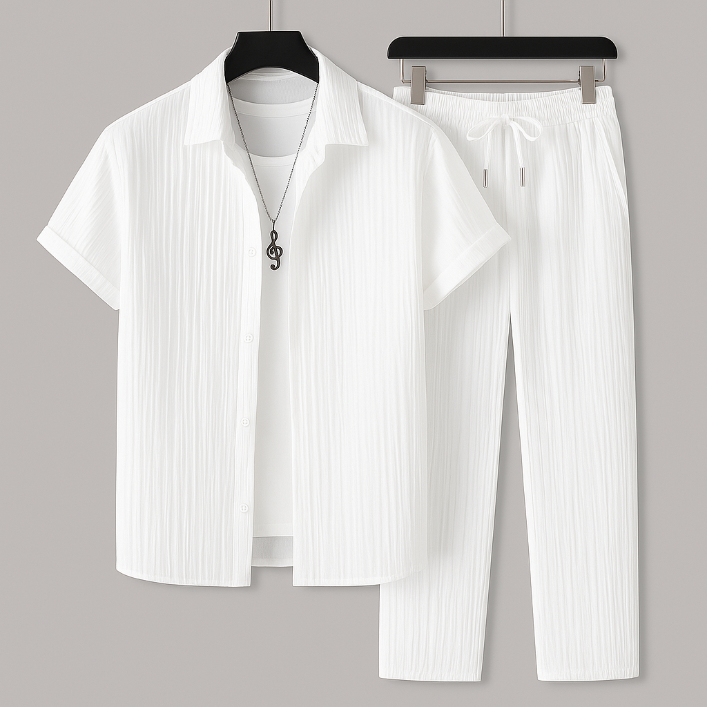 Men's Set – Relaxed Fit – Short-Sleeved Shirt – Drawstring Pants – Breathable Design
