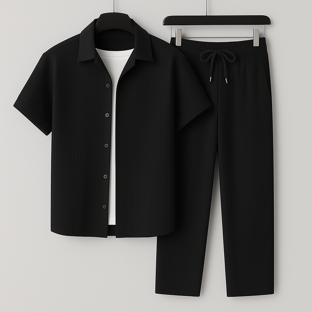 Men's Set – Relaxed Fit – Short-Sleeved Shirt – Drawstring Pants – Breathable Design