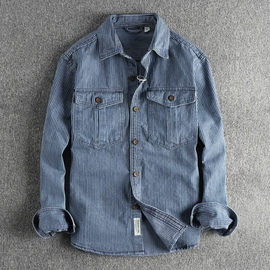 Men's Denim Jacket - Classic Button Closure - Striped Design - Casual and Durable