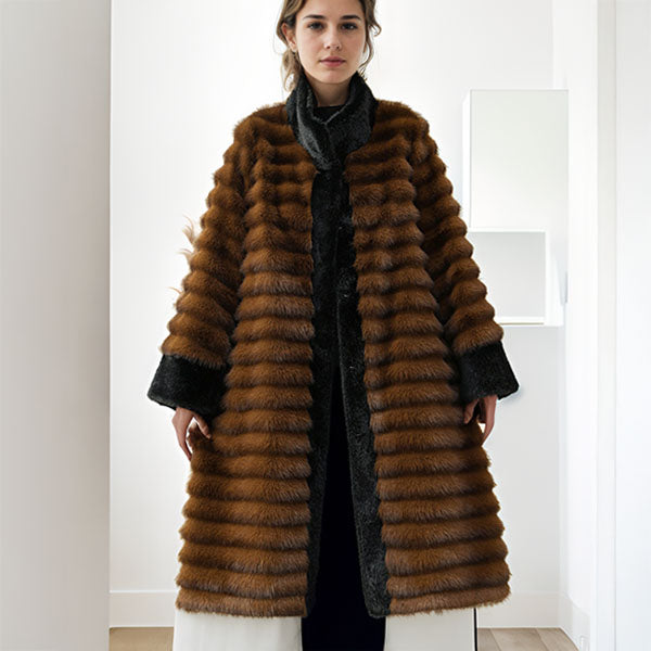 Isla Relaxed Fit Coat | Stand Collar Banded Fur Trim Coat