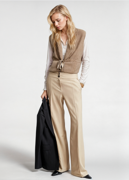 Women's Vest – Soft Knit – Relaxed Fit – Deep V-Neck – Tie Belt – Hip Length