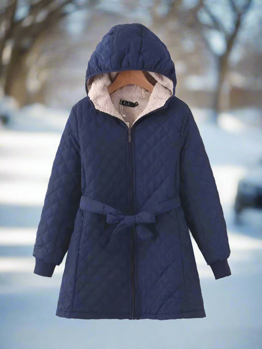 Women's Winter Jacket - Quilted with Hood and Belt - Warm Lined - Ribbed Cuffs