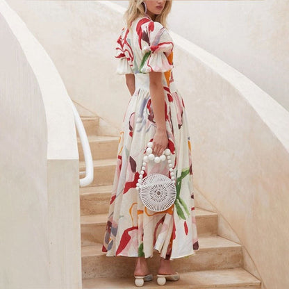 Women's Midi Dress - Light and Airy - V-Neck - Button Closure - Puff Sleeves - Floral Pattern