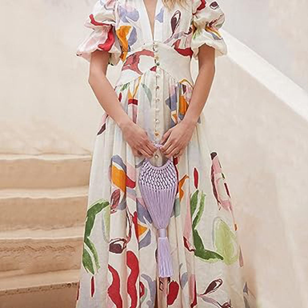 Women's Midi Dress - Light and Airy - V-Neck - Button Closure - Puff Sleeves - Floral Pattern