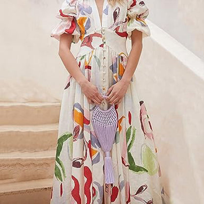 Women's Midi Dress - Light and Airy - V-Neck - Button Closure - Puff Sleeves - Floral Pattern