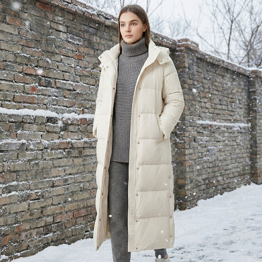 Florence Hooded Quilted Full-Length Long Down Coat | Snap Button Closure Side Pockets Coat