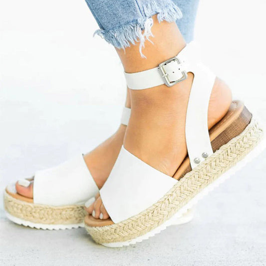 Women's Espadrille Sandals - Platform Heel - Jute Rope Details - Adjustable Ankle Strap