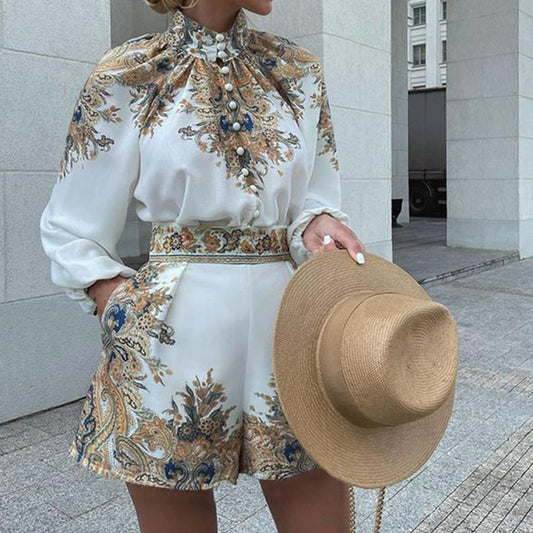 Women's Romper – Tailored Fit – High Neck – Puff Sleeves – Elegant Print – Waist Effect