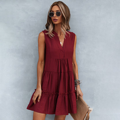 Women's Dress - Sleeveless A-line - V-neck - Light and Airy - Casual Mini
