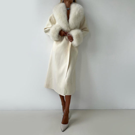 Sienna Wool-Blend Straight Fit Coat | Belted Fur Collar Cuffs Coat