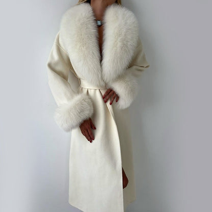 Sienna Wool-Blend Straight Fit Coat | Belted Fur Collar Cuffs Coat