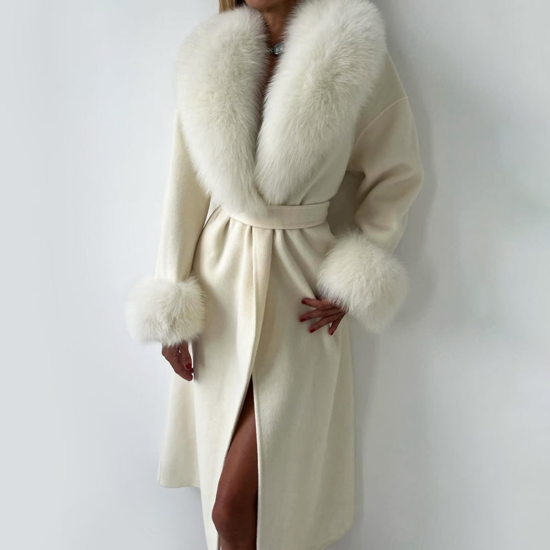Sienna Wool-Blend Straight Fit Coat | Belted Fur Collar Cuffs Coat